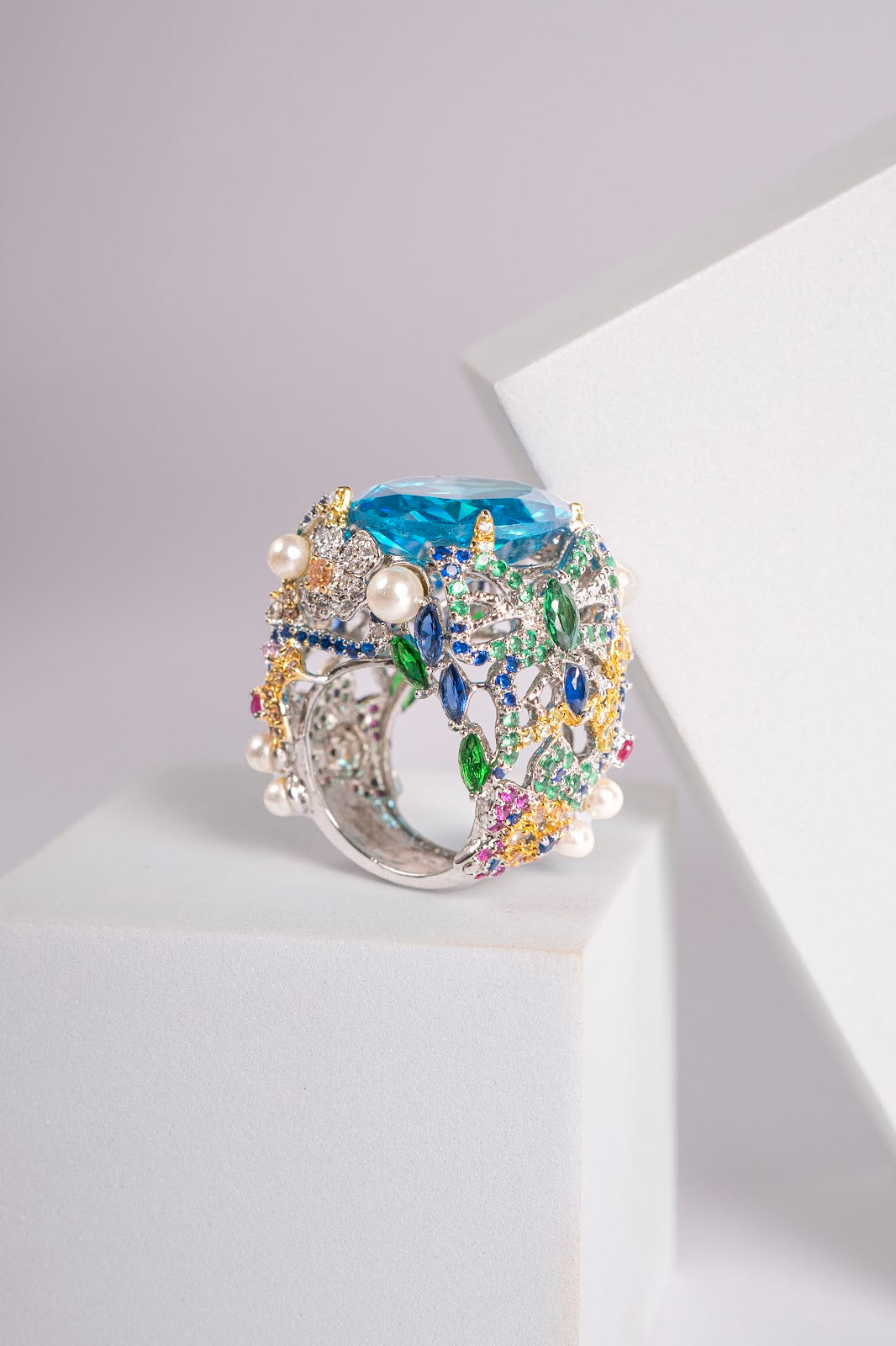 Blue Stone With Different Color Stone Ring