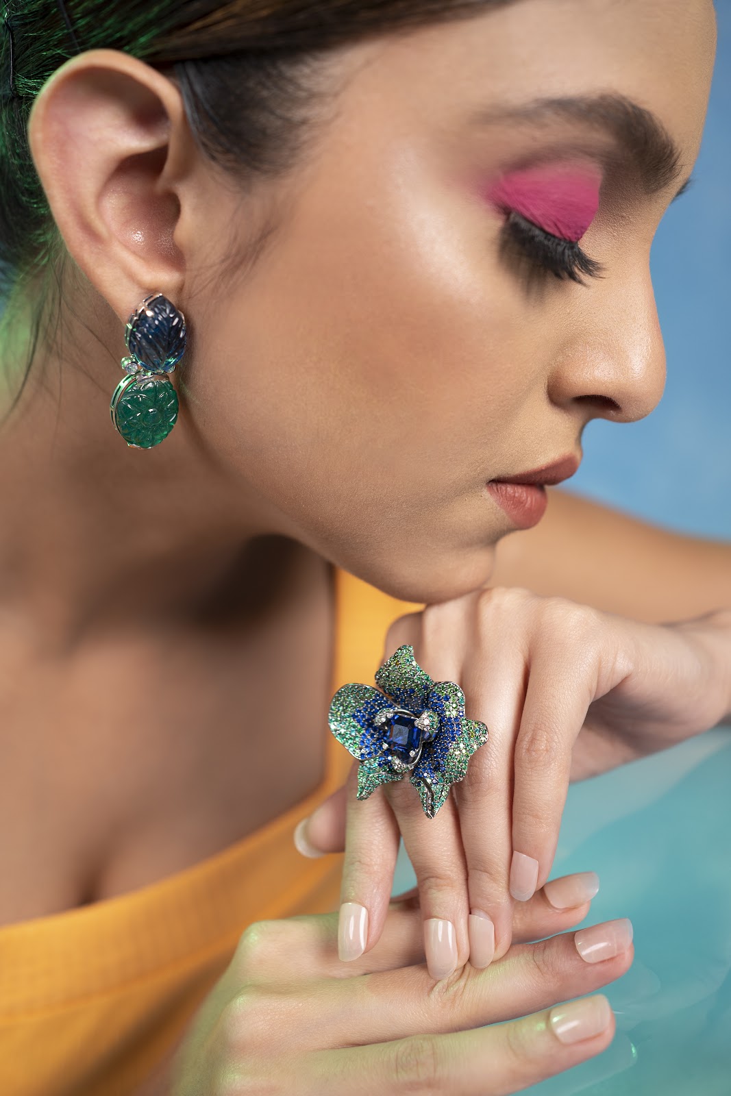 green and blue stone flower ring