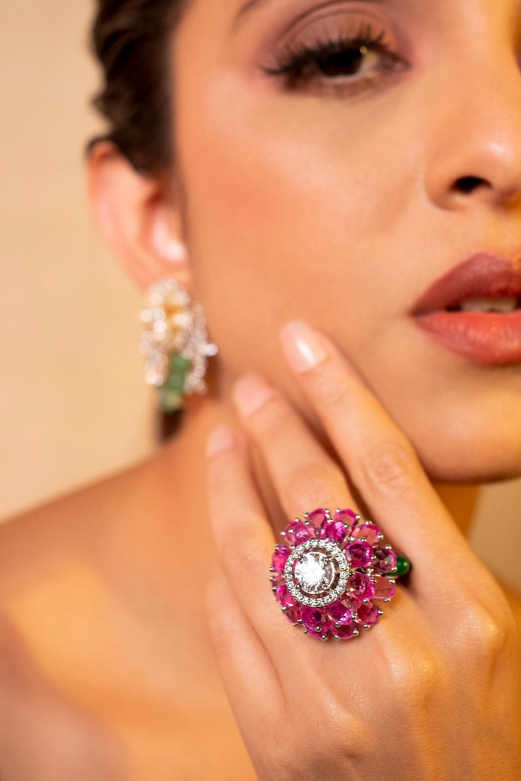 Pink Flower With Green Beads Ring