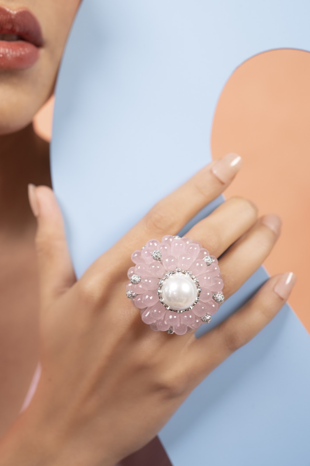 Light Pink Stone Flower Ring in 24ct Gold