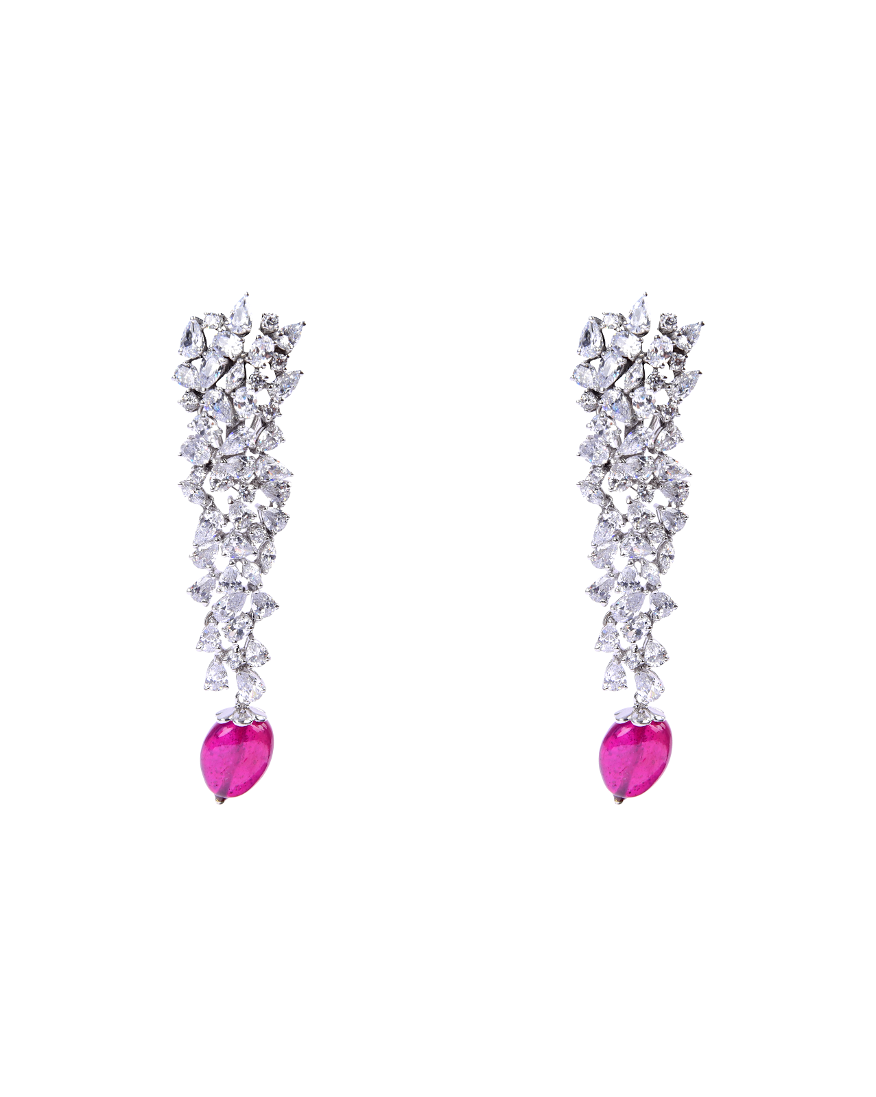 Long Hanging Diamond Earrings With Ruby Drop