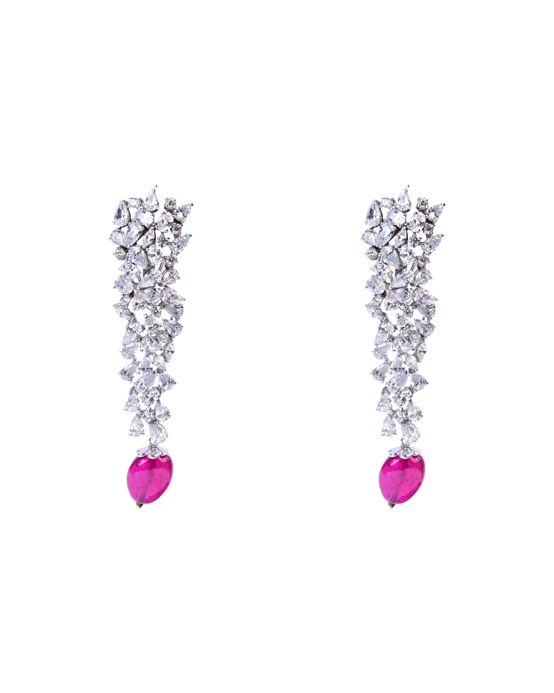 Long Hanging Diamond Earrings With Ruby Drop